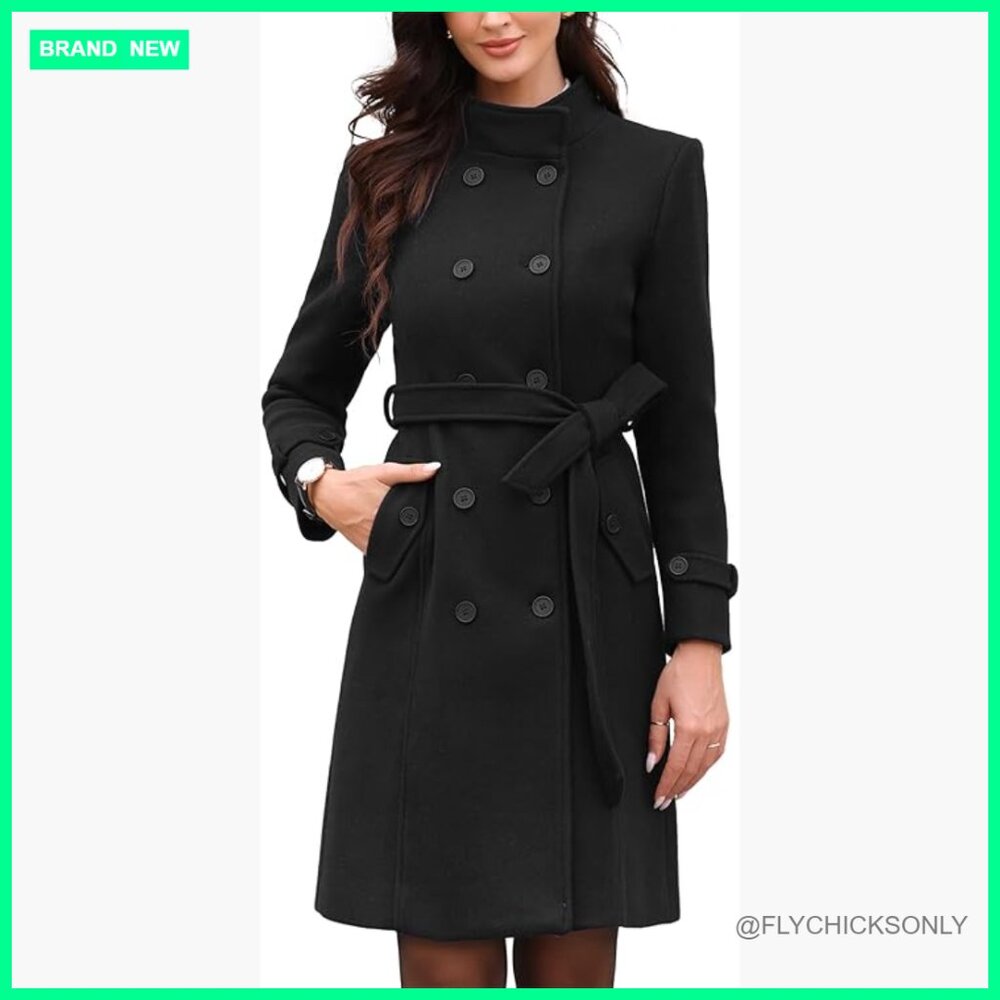 Polyester Pea Coat Double Breasted Trench Winter Coat With Belt